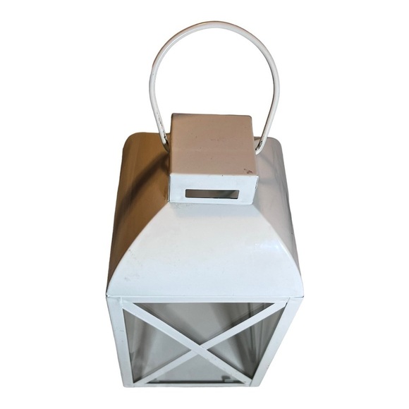 METAL and glass white lantern with handle indoor/outdoor 12” tall holiday decor. - Picture 3 of 9